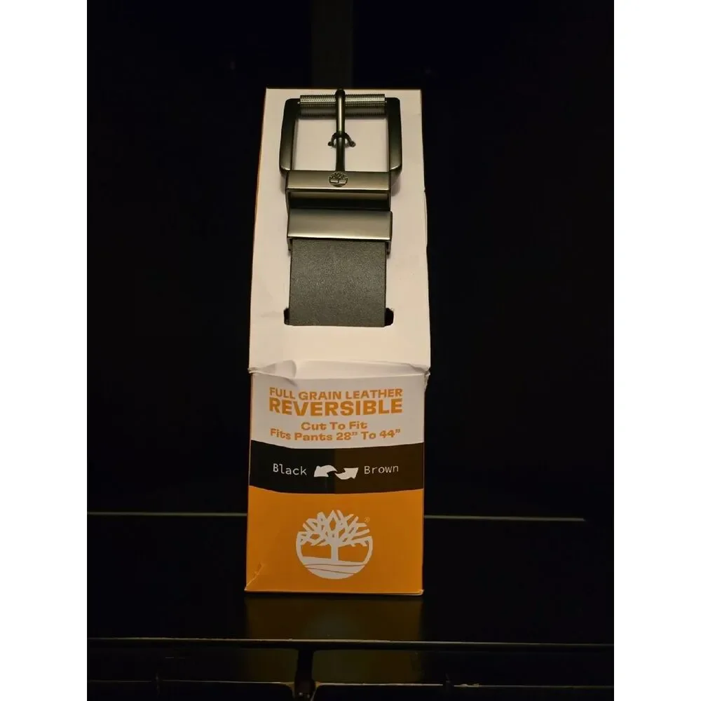 Timberland Black/Brown Reversible Leather Belt with Metal Buckle, Mens